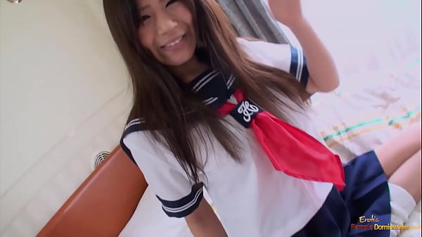 A cute Asian chick in uniform gets fingered by a guy and sucks his dick